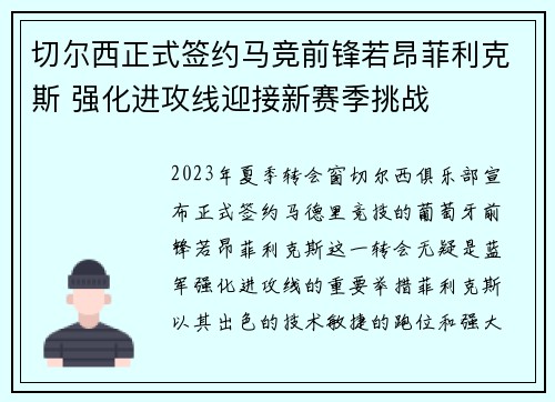 切尔西正式签约马竞前锋若昂菲利克斯 强化进攻线迎接新赛季挑战
