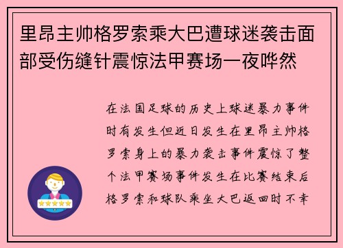 里昂主帅格罗索乘大巴遭球迷袭击面部受伤缝针震惊法甲赛场一夜哗然