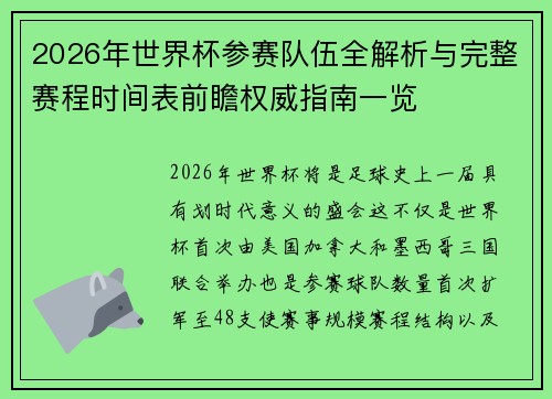 2026年世界杯参赛队伍全解析与完整赛程时间表前瞻权威指南一览